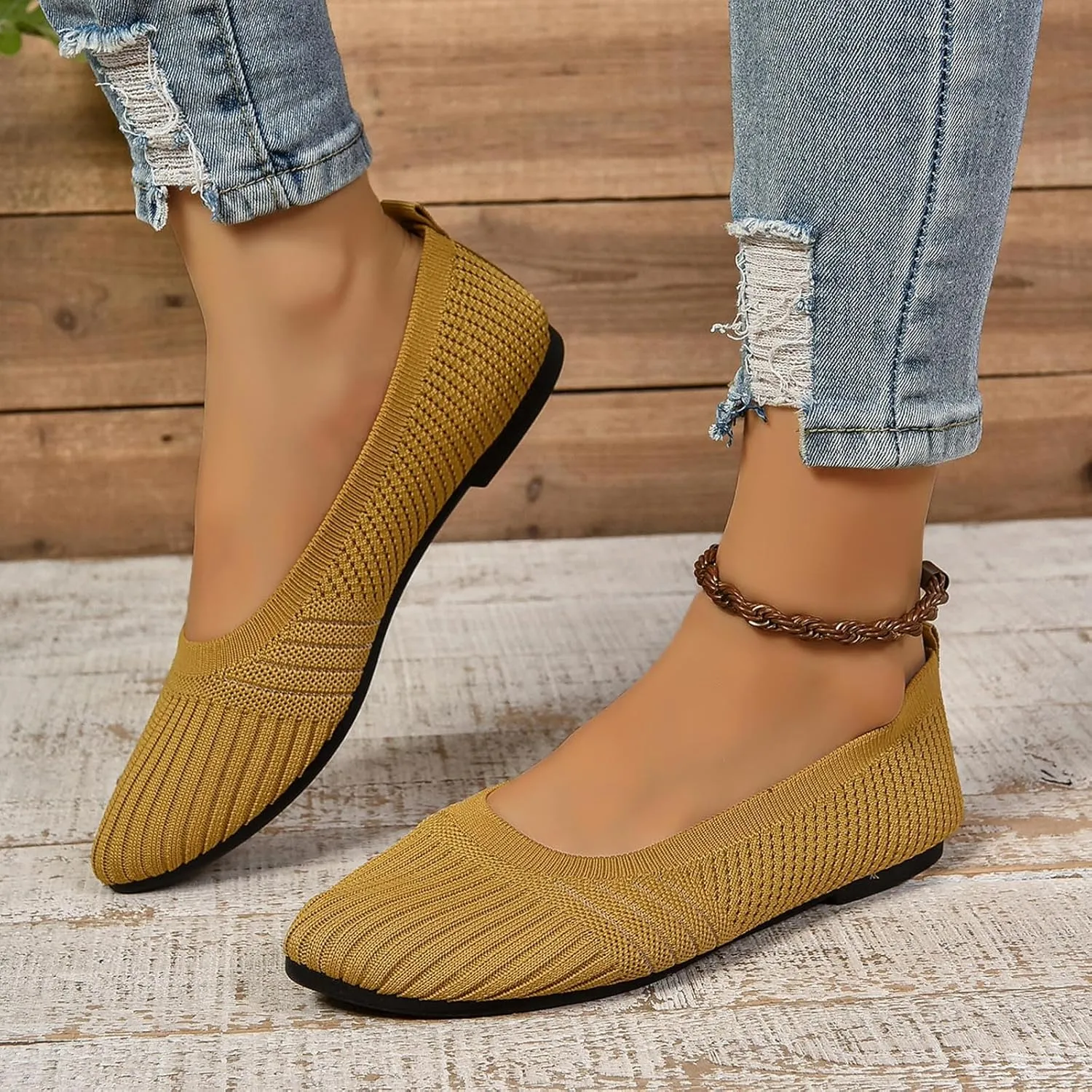 Womens Flats Summer Knit Walking Shoes Breathable Soft Mesh Loafers Athletic Ballet Flats Classic Dress Slip On Shoe