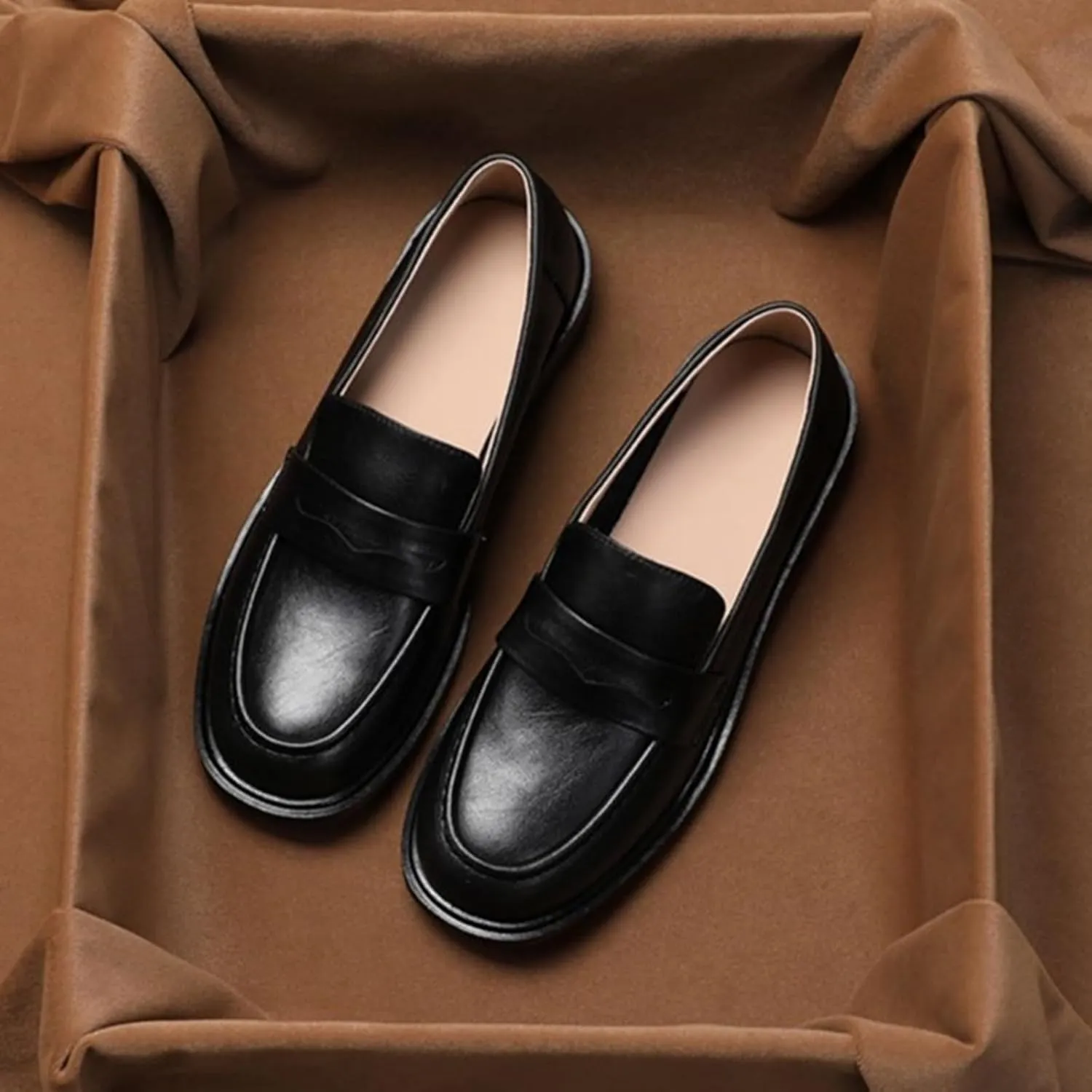 Women's Slip-On Vintage Soft Leather Loafers - Low Heel Single Shoes for Business Casual Wear