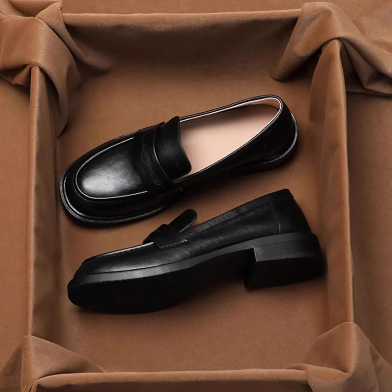Women's Slip-On Vintage Soft Leather Loafers - Low Heel Single Shoes for Business Casual Wear