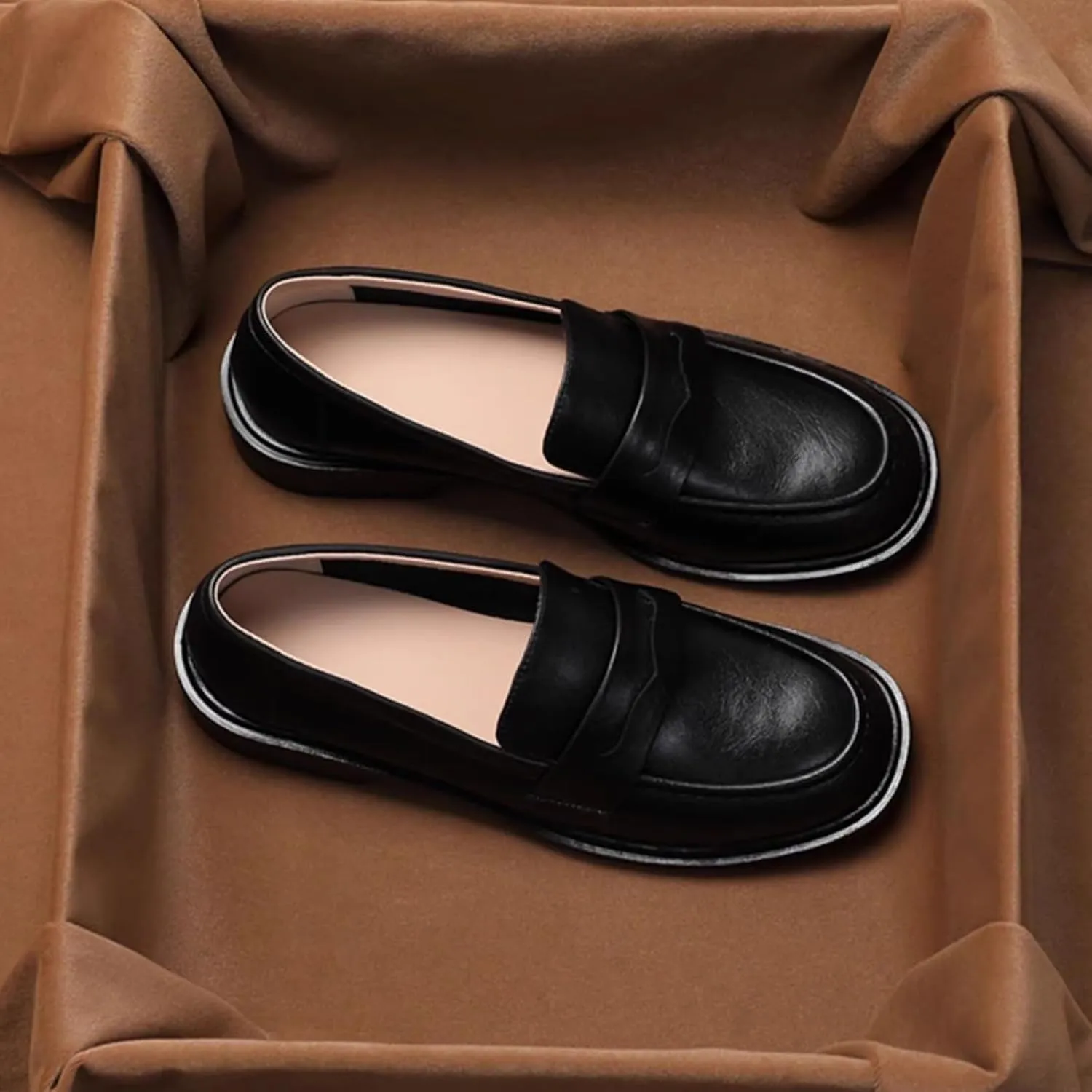Women's Slip-On Vintage Soft Leather Loafers - Low Heel Single Shoes for Business Casual Wear