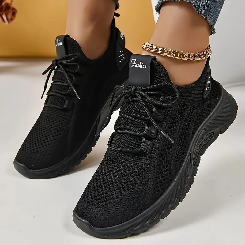 Women's Solid Color Lightweight Comfort Knit Sneakers - Breathable Low-Top Running & Tennis Shoes, Casual Lace-Up Outdoor Footwear