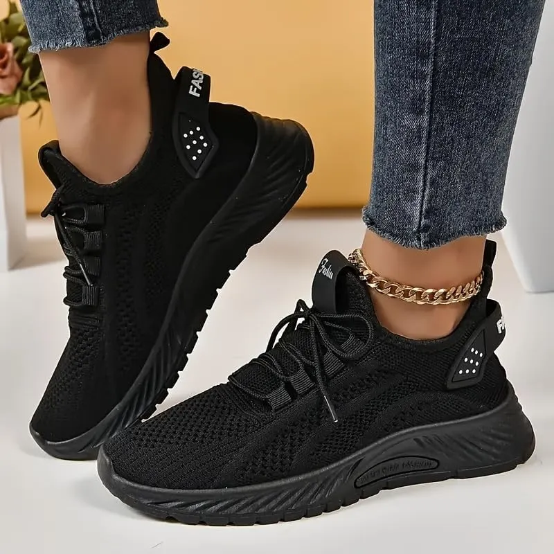 Women's Solid Color Lightweight Comfort Knit Sneakers - Breathable Low-Top Running & Tennis Shoes, Casual Lace-Up Outdoor Footwear