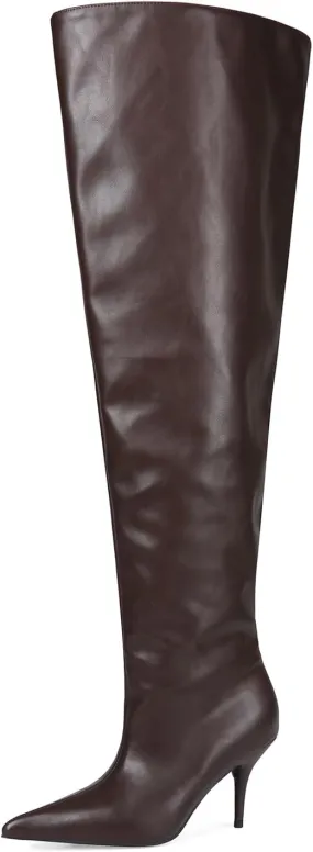 Women's Wide Calf Thigh High Heeled Boots Stiletto Cone Heel Boots Pointed Toe Pull On Black Boot Heels for Women